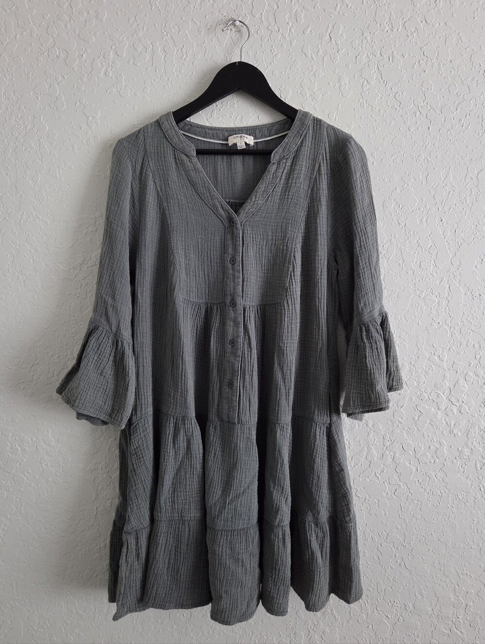 Umgee Gauzy Cotton Babydoll Dress V-Neck Button Front Tiered Boho Peasant